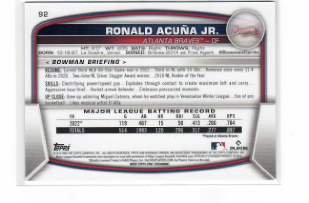 2023 Bowman Chrome Mega Box Mojo Refractor Aqua #92 Ronald Acuna Jr. /225 Atlanta Braves Baseball NM-MT J9322