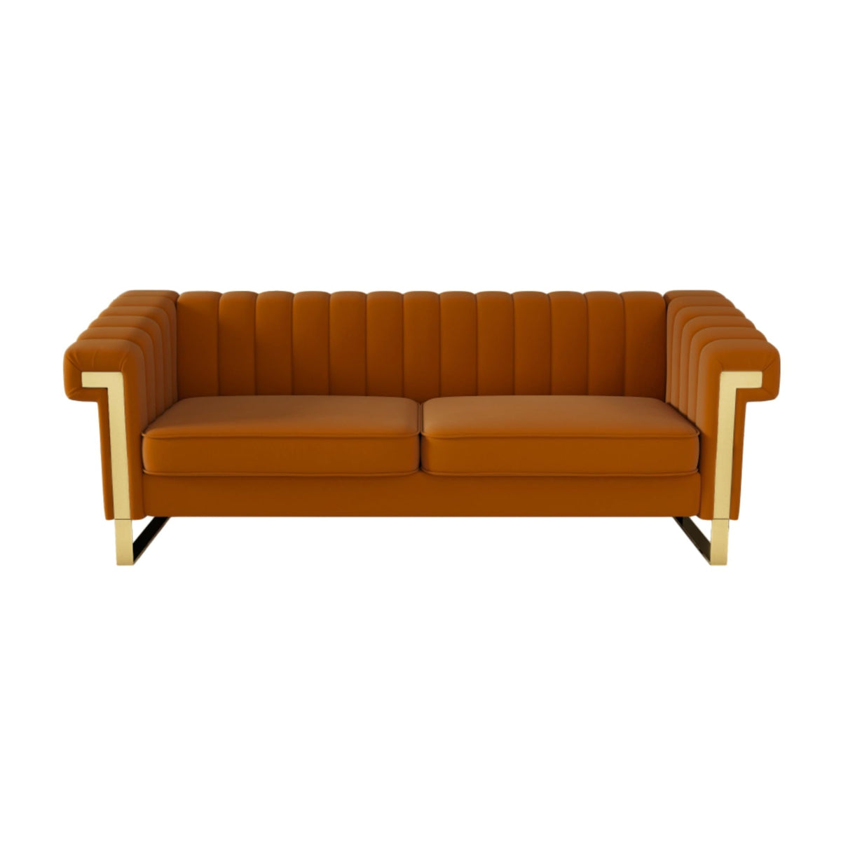 Orange Velvet Channel Tufted Sofa with Gold Metal Legs I129