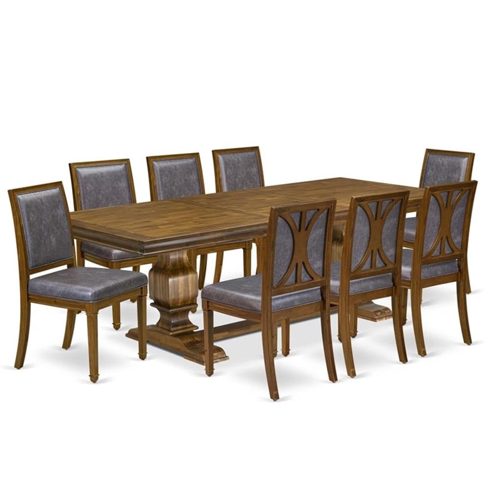 9-Piece Acacia Wood Dining Set with Removable Leaf Table and 8 Dark Grey PU Leather Chairs Y127607