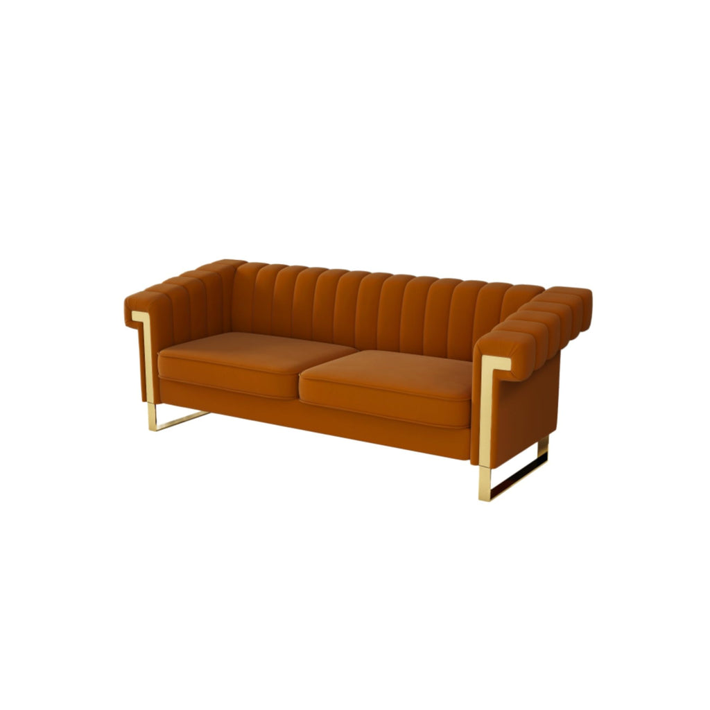Orange Velvet Channel Tufted Sofa with Gold Metal Legs I129