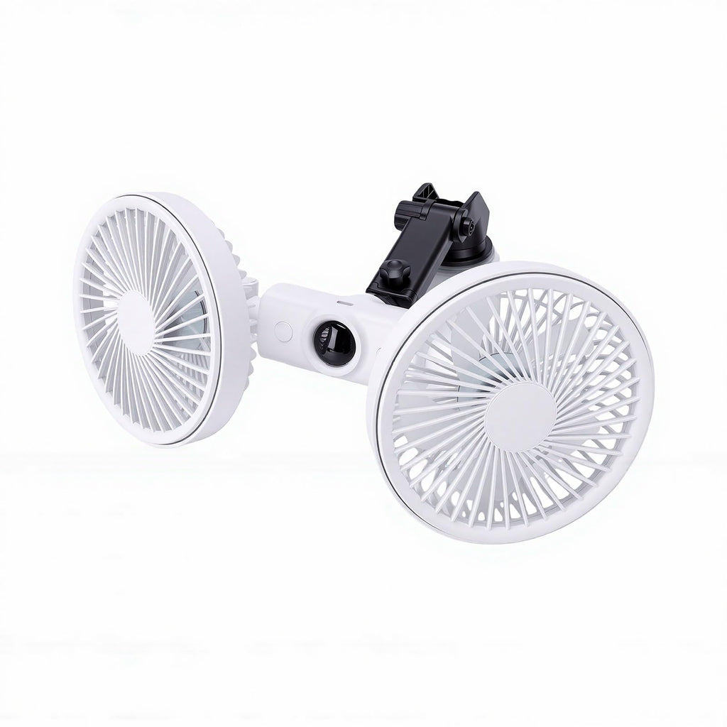 Dual Head Car Fan 3 Speeds 360 Degree Adjustable Suction Cup Rechargeable White Y948088