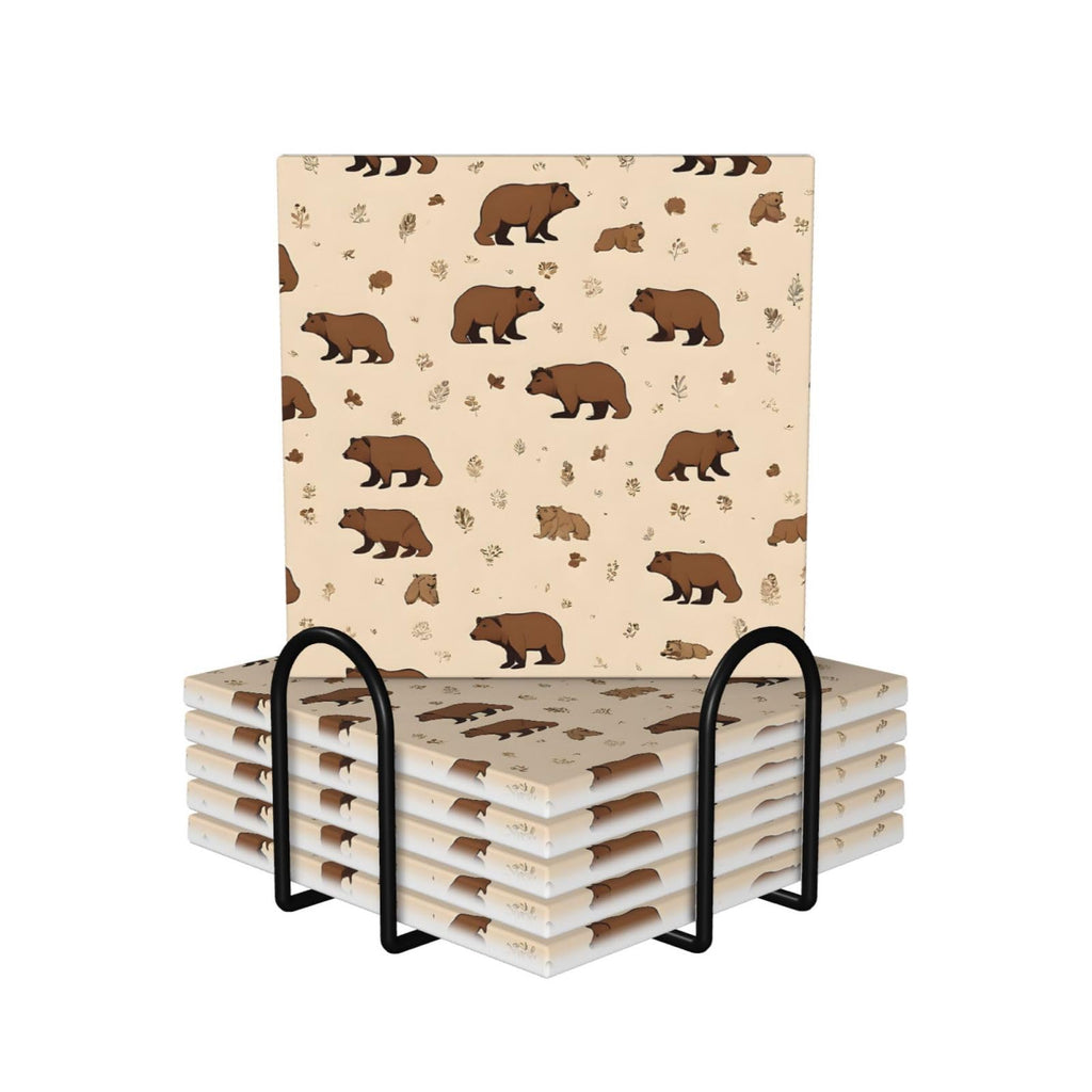 Square Cartoon Bear Ceramic Coasters Set of 6 W900972