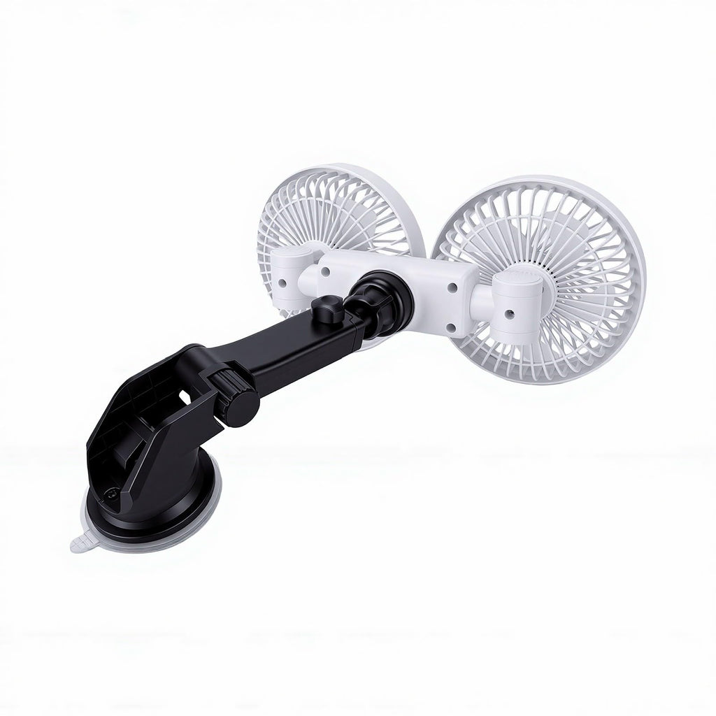 Dual Head Car Fan 3 Speeds 360 Degree Adjustable Suction Cup Rechargeable White Y948088