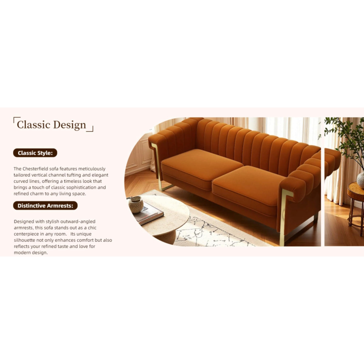 Orange Velvet Channel Tufted Sofa with Gold Metal Legs I129