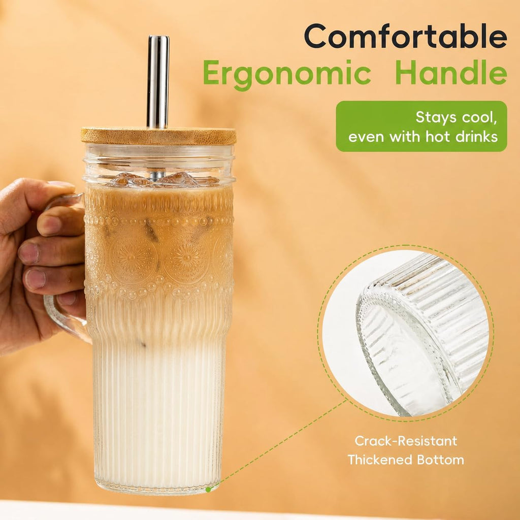 24 oz Glass Tumbler with Bamboo Lid and Handle R8514