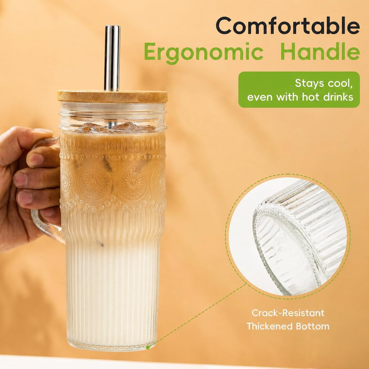 24 oz Glass Tumbler with Bamboo Lid and Handle R8514