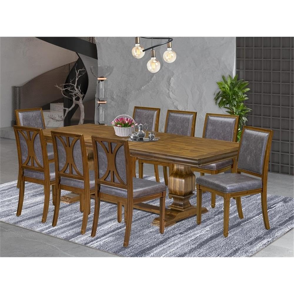 9-Piece Acacia Wood Dining Set with Removable Leaf Table and 8 Dark Grey PU Leather Chairs Y127607