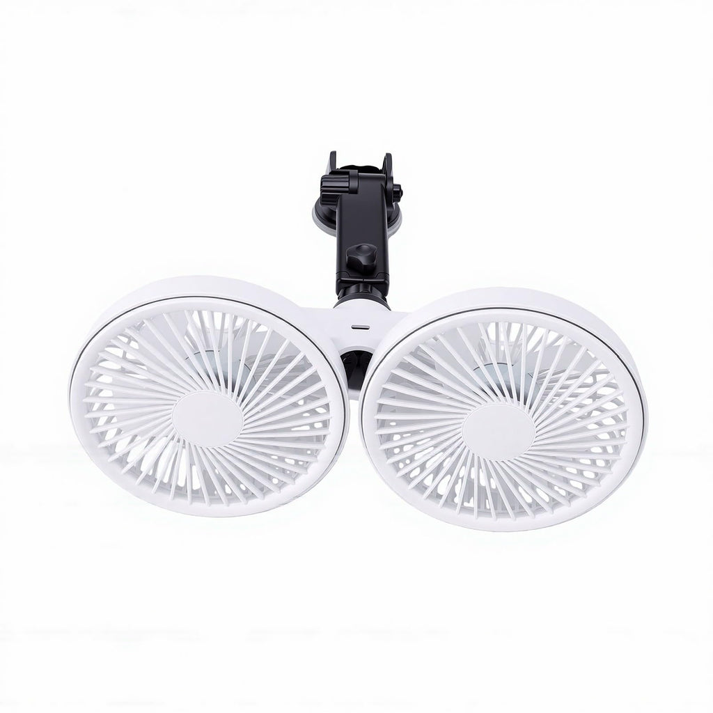 Dual Head Car Fan 3 Speeds 360 Degree Adjustable Suction Cup Rechargeable White Y948088