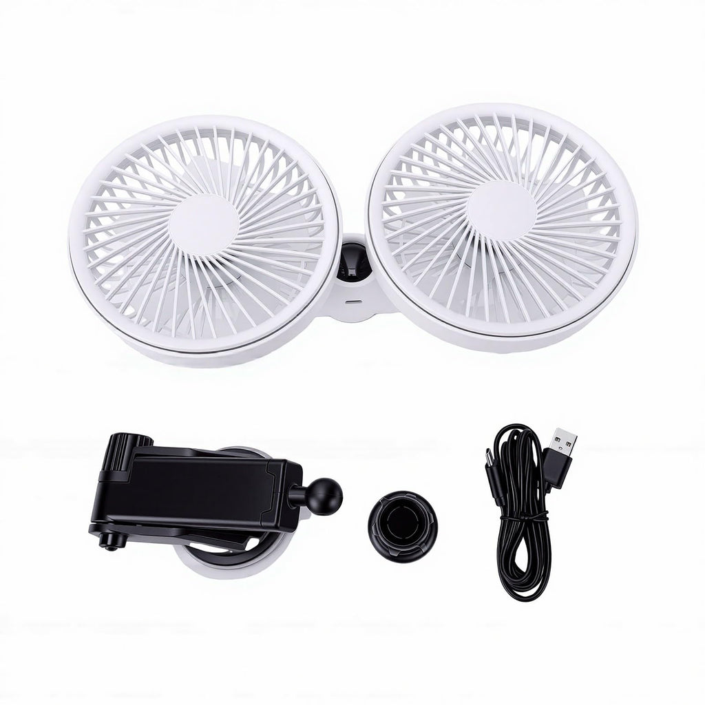 Dual Head Car Fan 3 Speeds 360 Degree Adjustable Suction Cup Rechargeable White Y948088