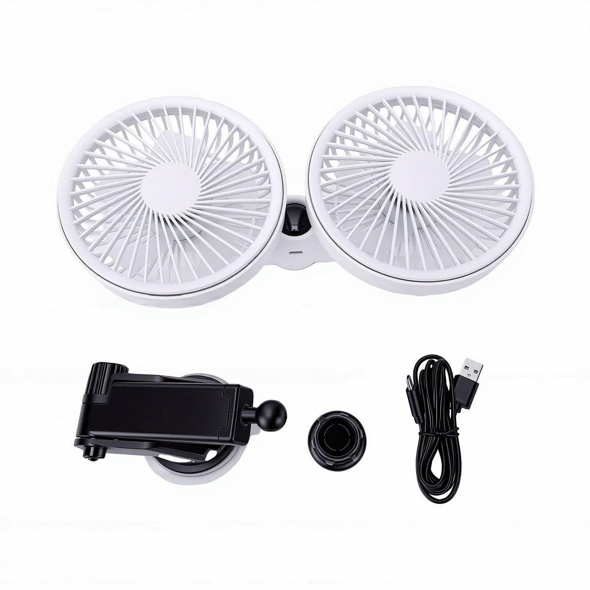 Dual Head Car Fan 3 Speeds 360 Degree Adjustable Suction Cup Rechargeable White Y948088