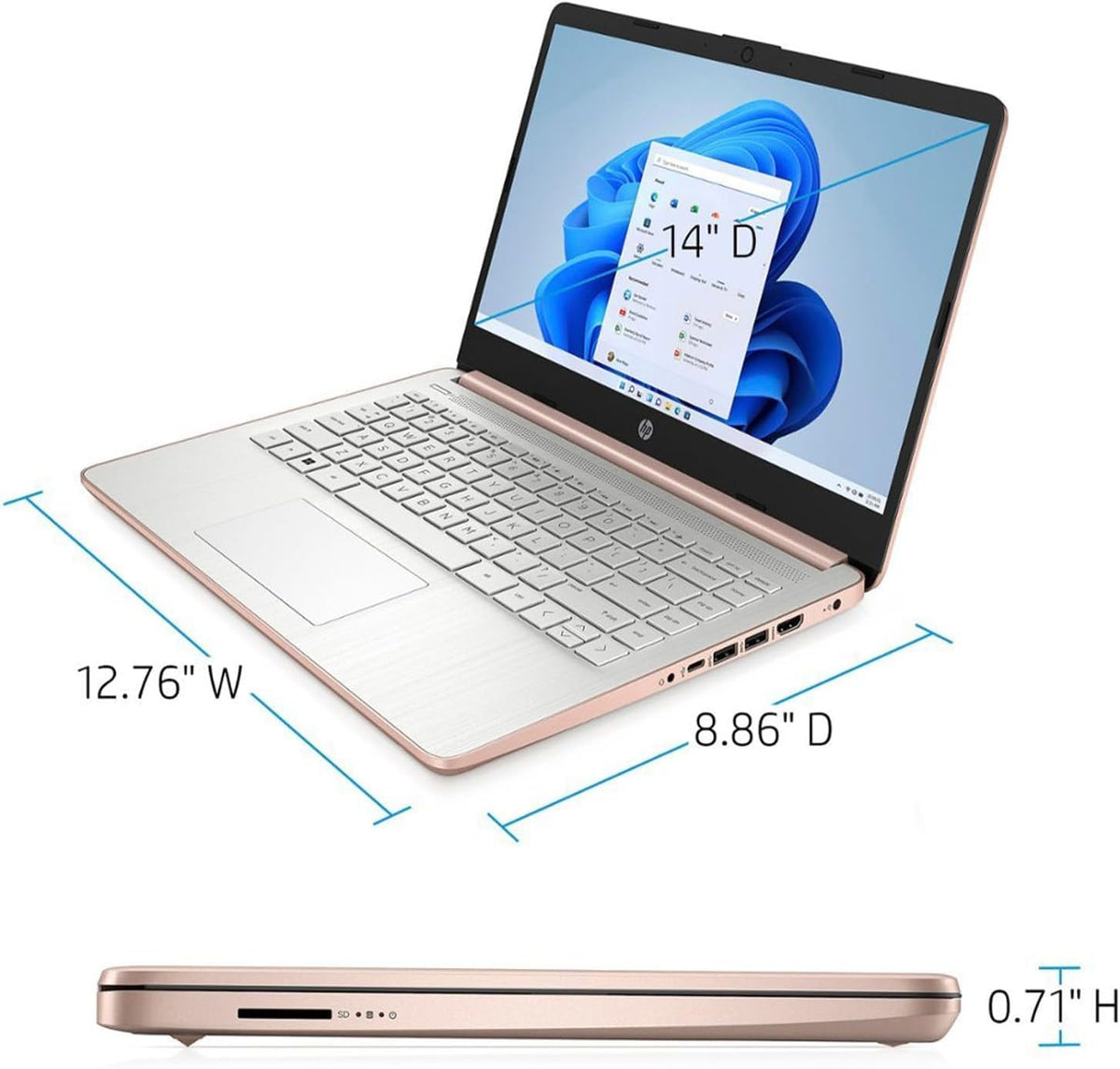 14" Laptop, Intel Celeron N4120, 8GB RAM, 64GB eMMC, Windows 11 Home, Rose Gold H833408