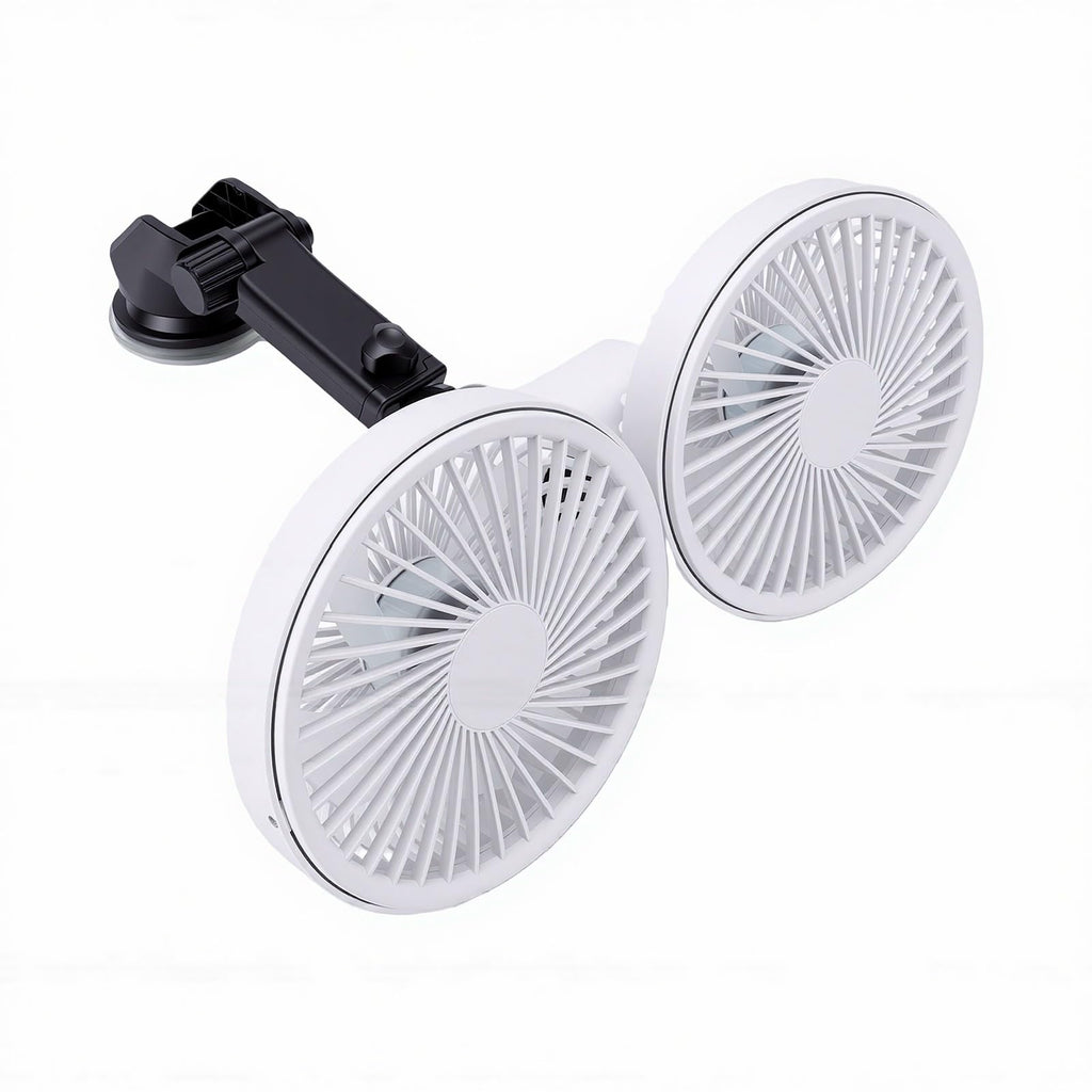 Dual Head Car Fan 3 Speeds 360 Degree Adjustable Suction Cup Rechargeable White Y948088