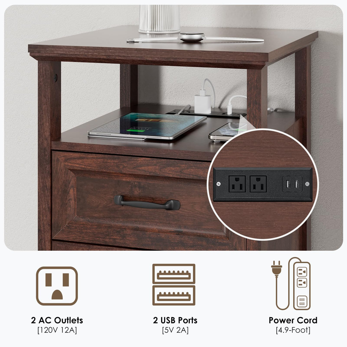 18'' Wood Nightstand with Charging Station G2720