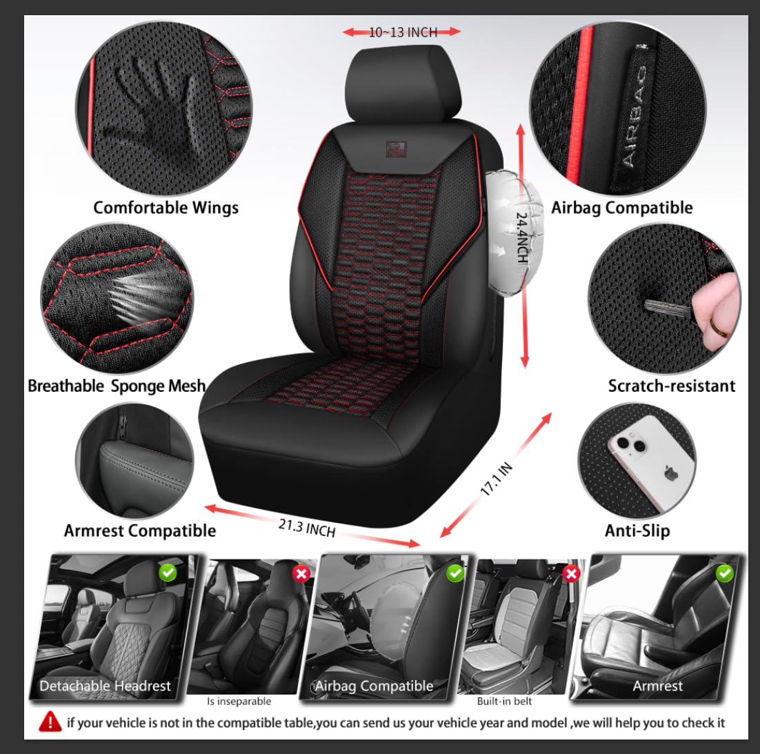 3D Foam Mesh Faux Leather Car Seat Covers Full Set, Black and Red N679