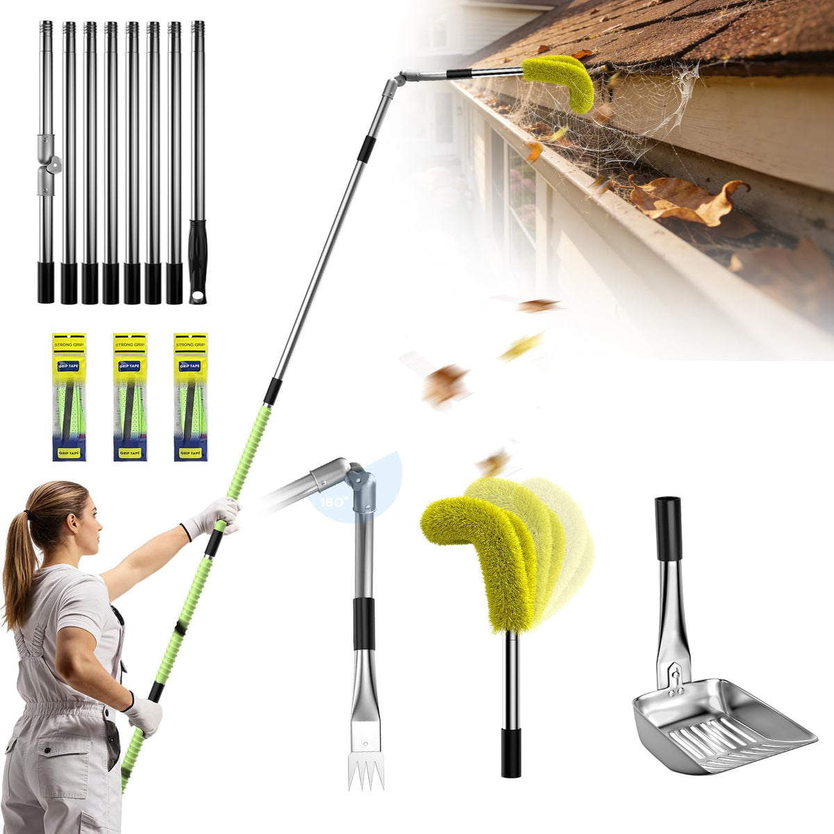 13ft Gutter Cleaning Tools with Replaceable Brush Rake Scoop, 180° Adjustable Angle, Yellow J6773