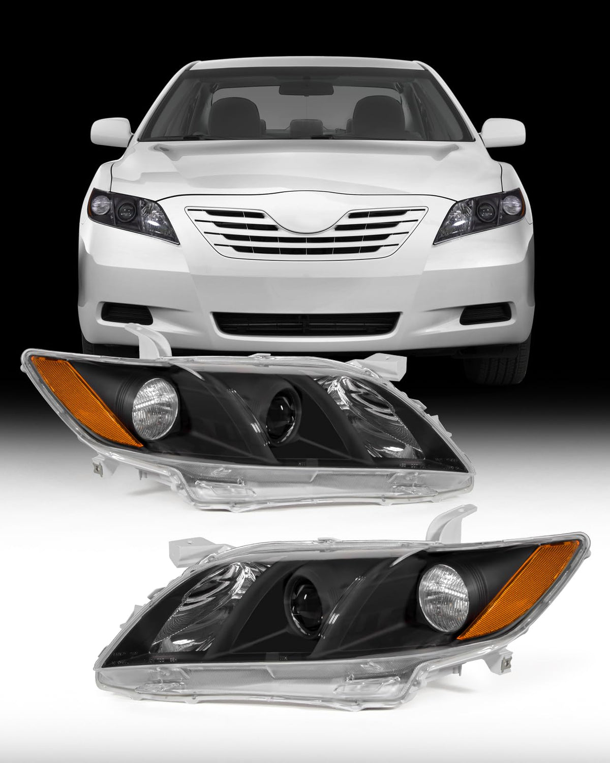 Compatible with 2007-2009 Toyota Camry Headlights Assembly Black Housing Amber Reflectors Left and Right Pairs B84523