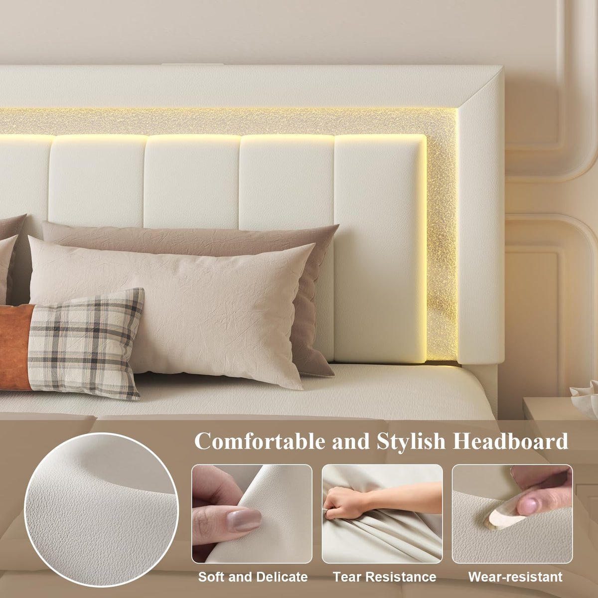 White Upholstered Full Bed Frame with Storage Drawers J9013