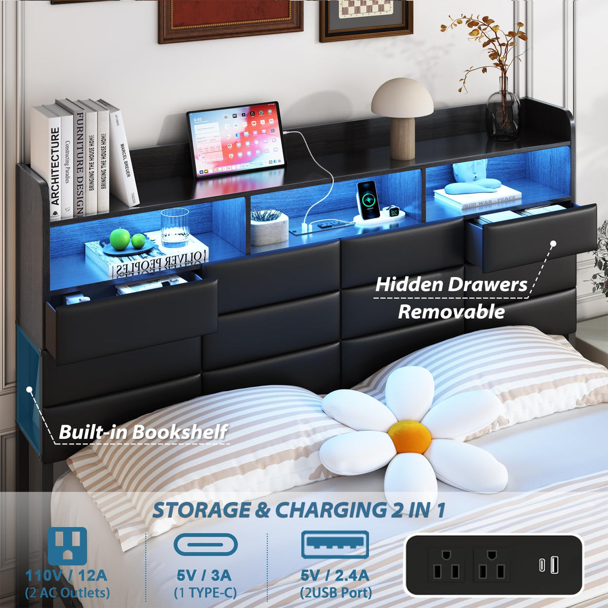Black Upholstered Bed Frame with Storage Headboard, 4 Drawers, LED Lights, and Charging Station F4680