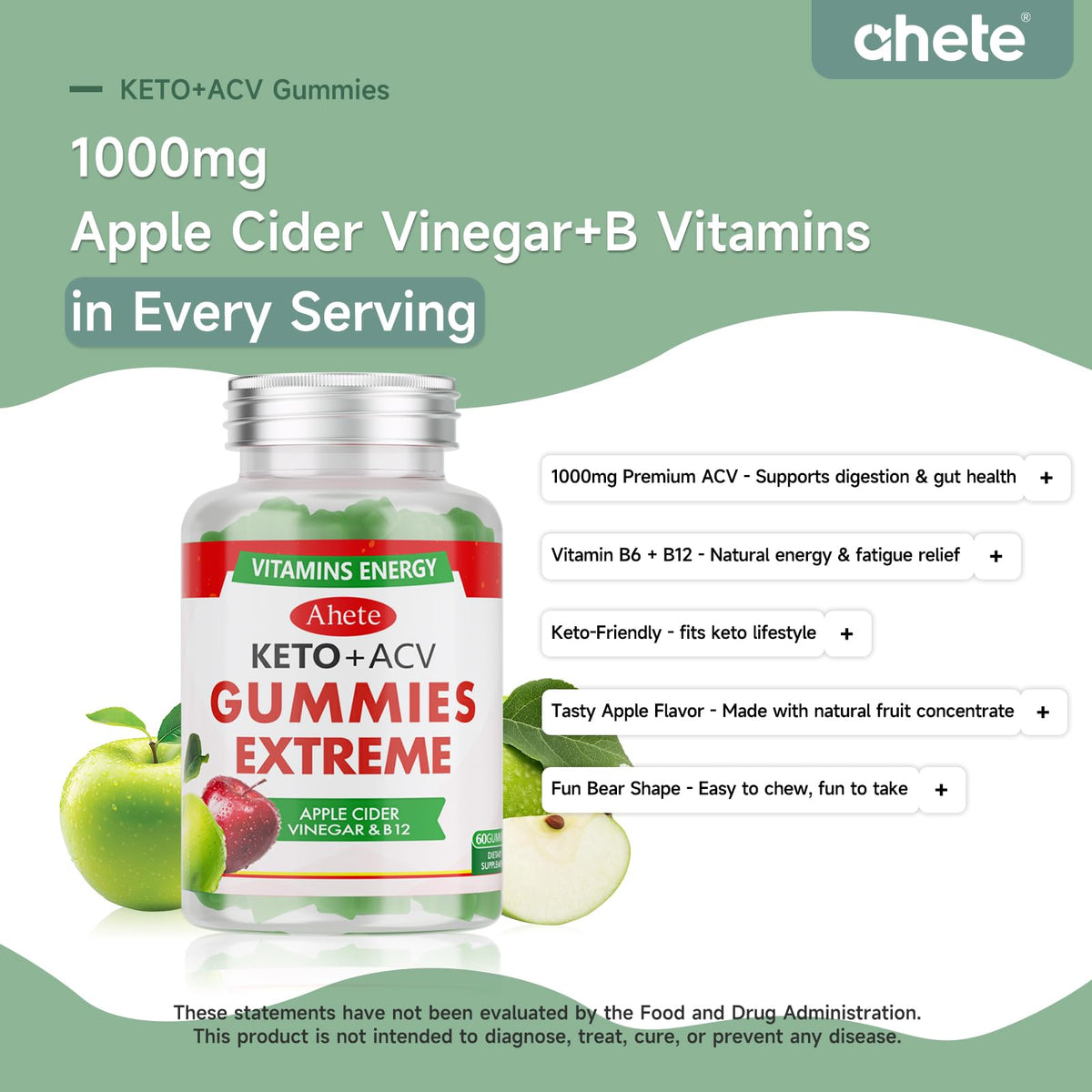 Apple Cider Vinegar Gummies with Vitamin B6, B12, Folate & Beet Root, 180 Gummies U3932
