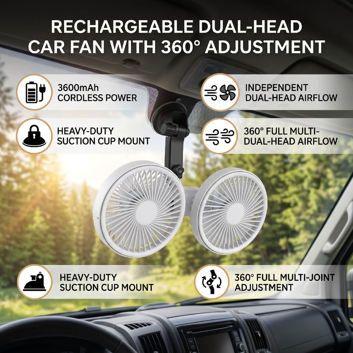 Dual Head Car Fan 3 Speeds 360 Degree Adjustable Suction Cup Rechargeable White Y948088