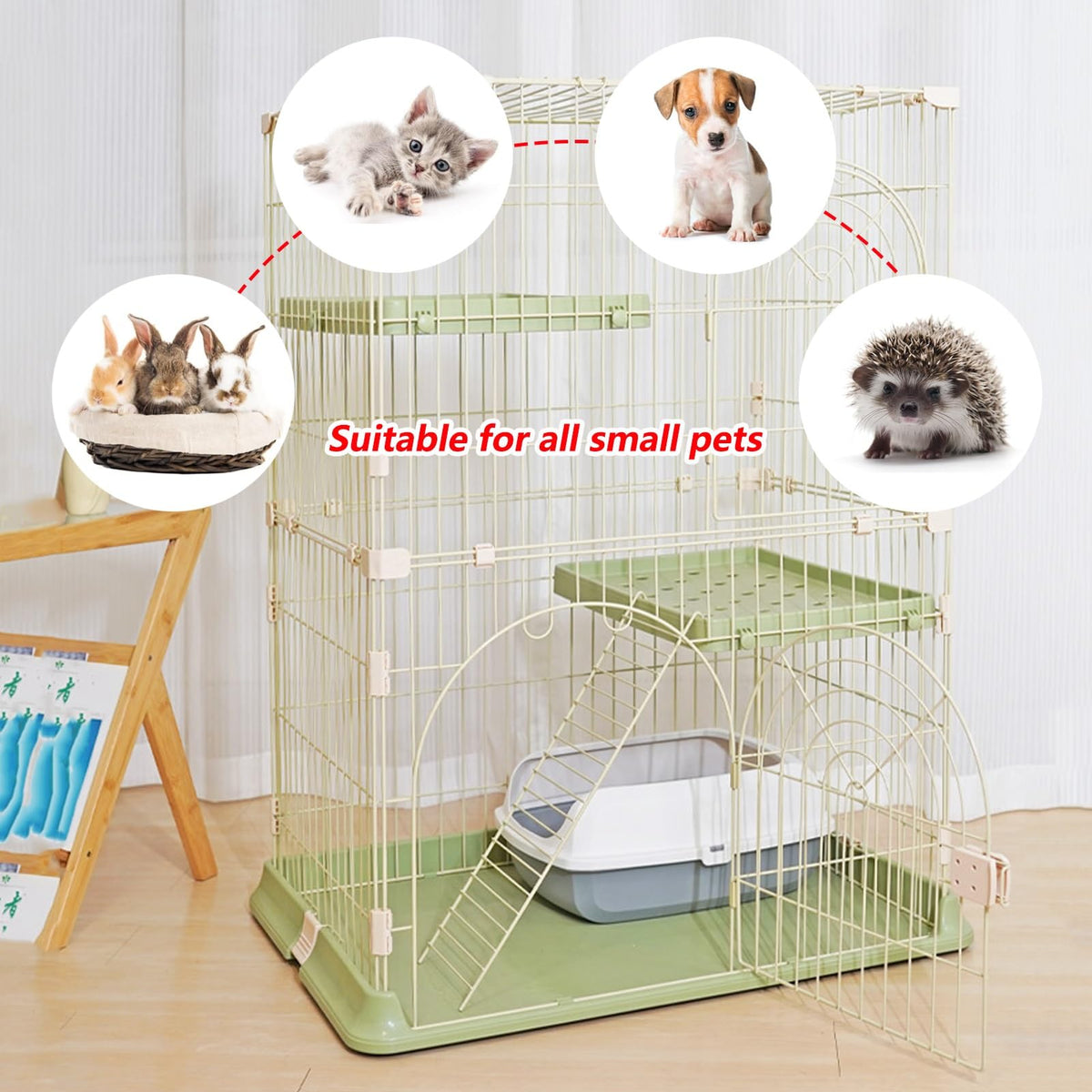3/4-Tier Wire Cat Cage Playpen Kennel with Hammock and 3 Platforms I5084