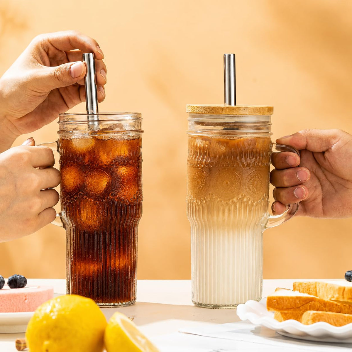 24 oz Glass Tumbler with Bamboo Lid and Handle R8514