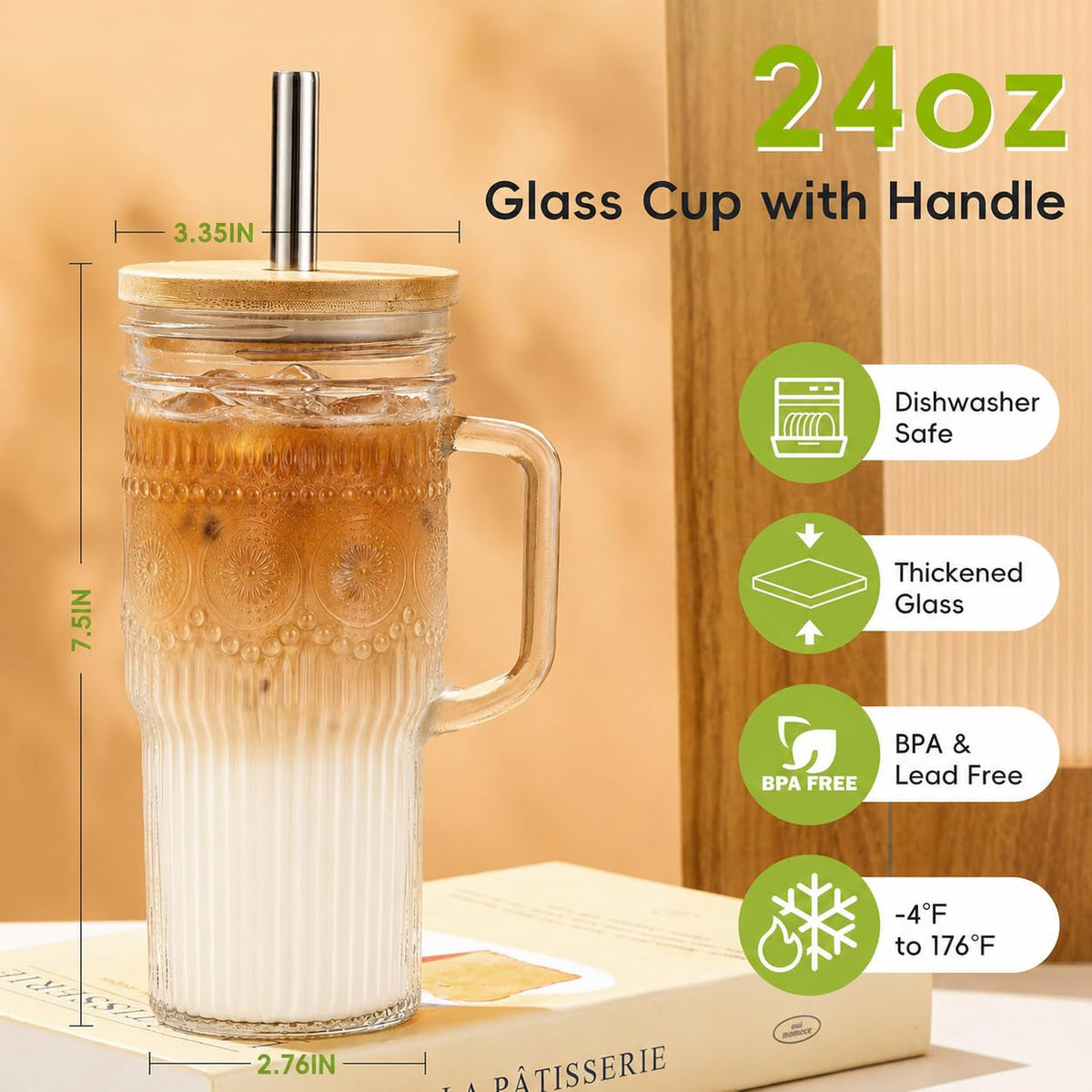24 oz Glass Tumbler with Bamboo Lid and Handle R8514