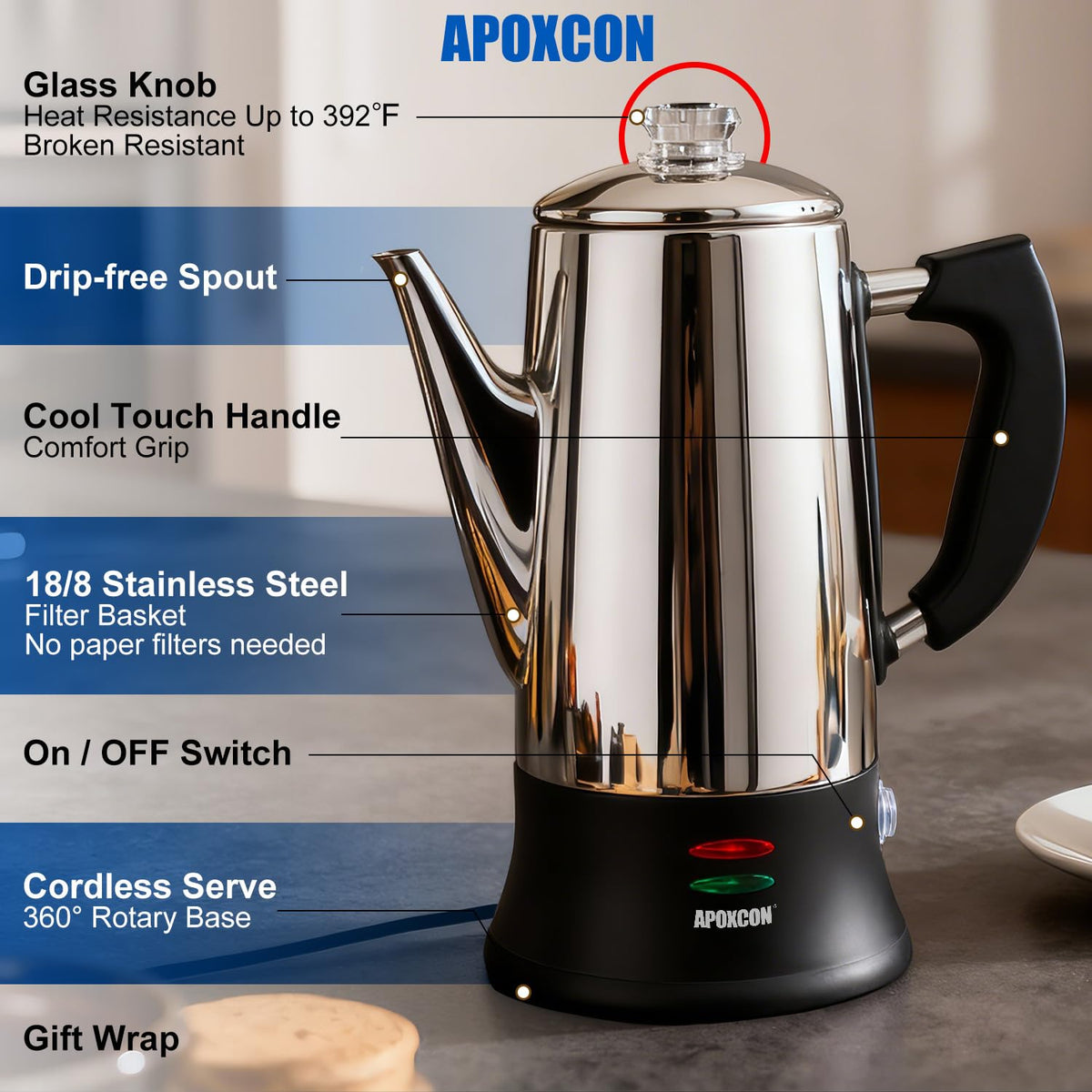 Electric Stainless Steel Coffee Percolator 12 Cup V789105