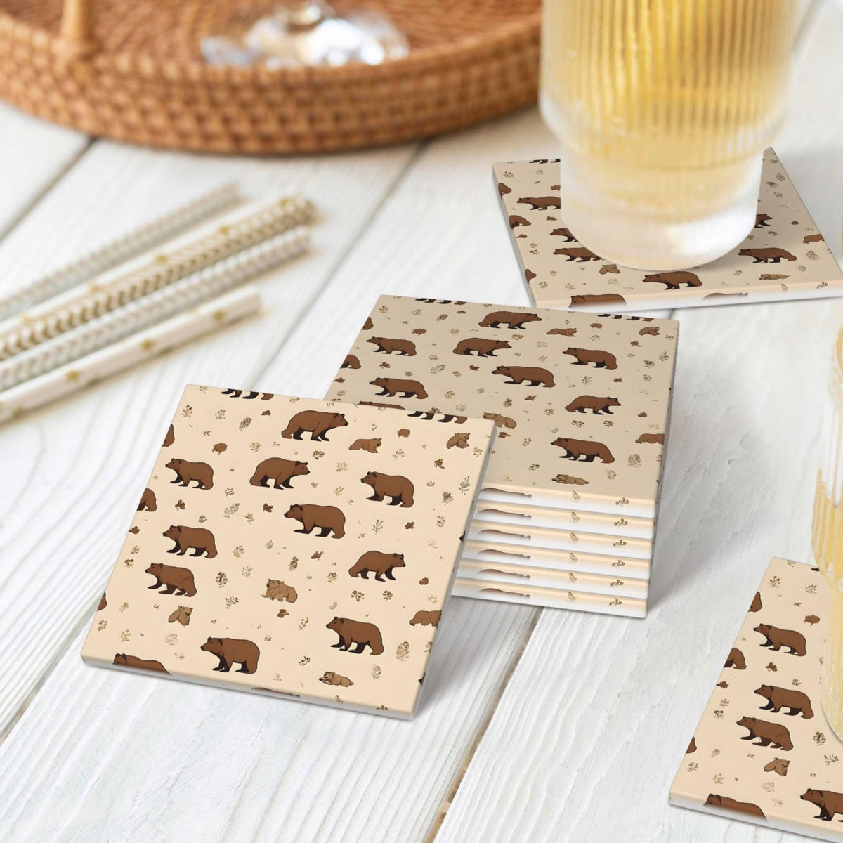 Square Cartoon Bear Ceramic Coasters Set of 6 W900972
