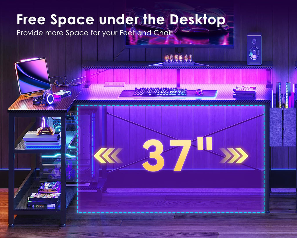 48 Inch L Shaped Gaming Desk with LED Lights and Power Outlets T940144