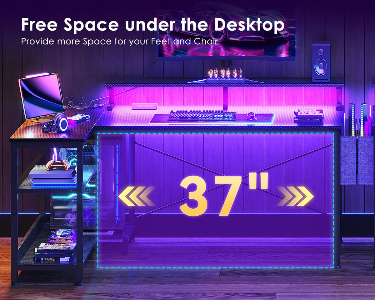 48 Inch L Shaped Gaming Desk with LED Lights and Power Outlets T940144