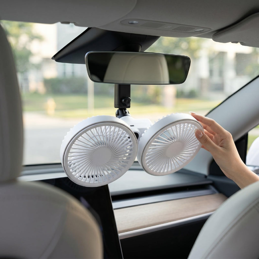 Dual Head Car Fan 3 Speeds 360 Degree Adjustable Suction Cup Rechargeable White Y948088