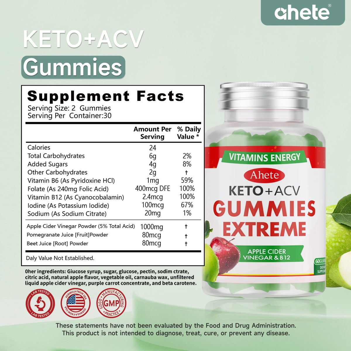 Apple Cider Vinegar Gummies with Vitamin B6, B12, Folate & Beet Root, 180 Gummies U3932