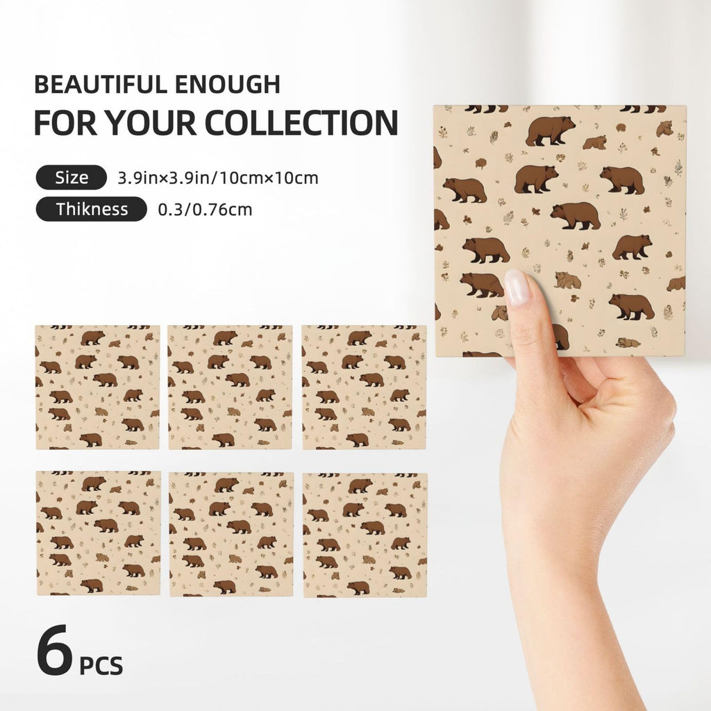 Square Cartoon Bear Ceramic Coasters Set of 6 W900972