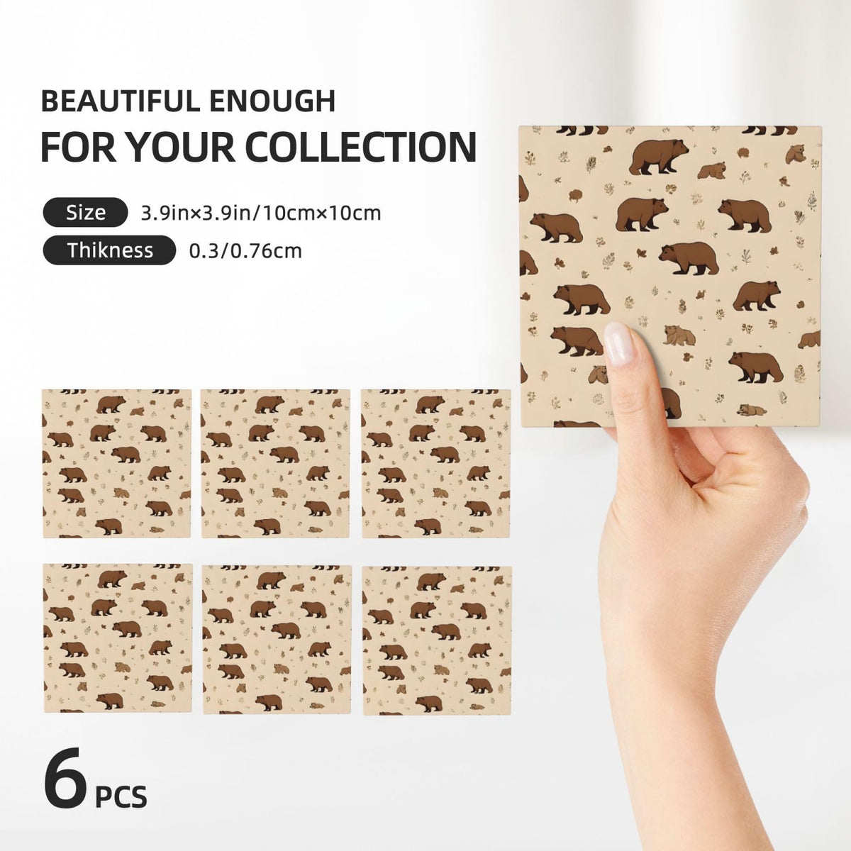 Square Cartoon Bear Ceramic Coasters Set of 6 W900972