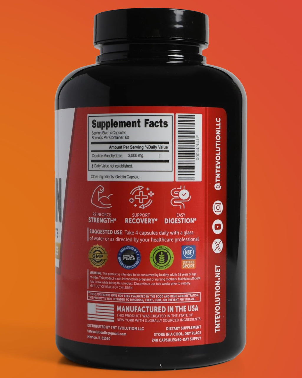 Creatine Monohydrate Capsules 750mg 240 Count Gluten Free M625346