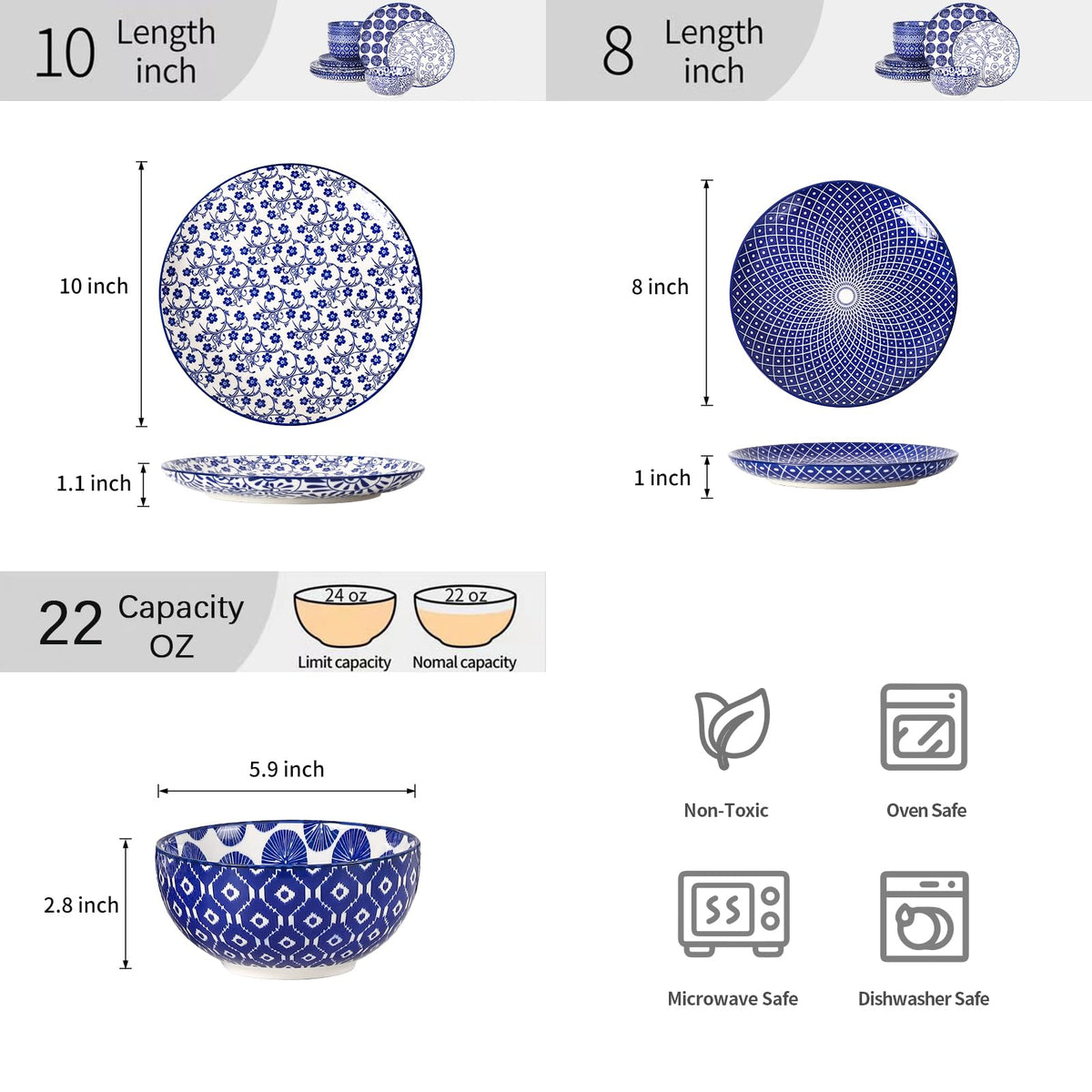 Ceramic Plates and Bowls Set, 12 Pieces Dinnerware Set for 4 K995