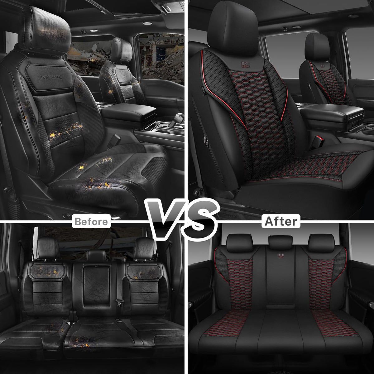 3D Foam Mesh Faux Leather Car Seat Covers Full Set, Black and Red N679