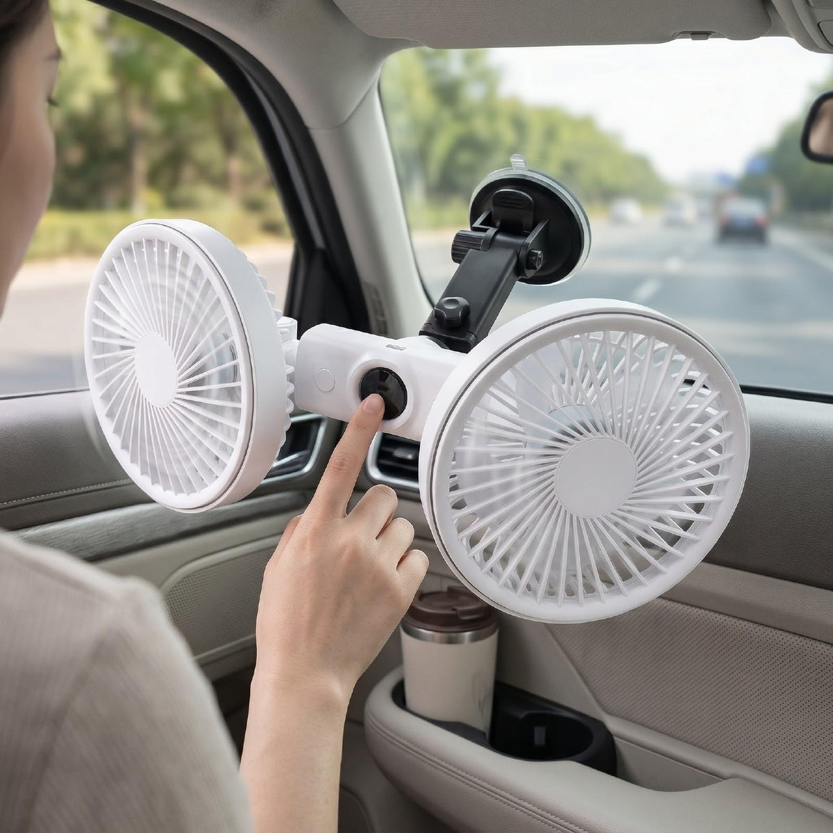 Dual Head Car Fan 3 Speeds 360 Degree Adjustable Suction Cup Rechargeable White Y948088