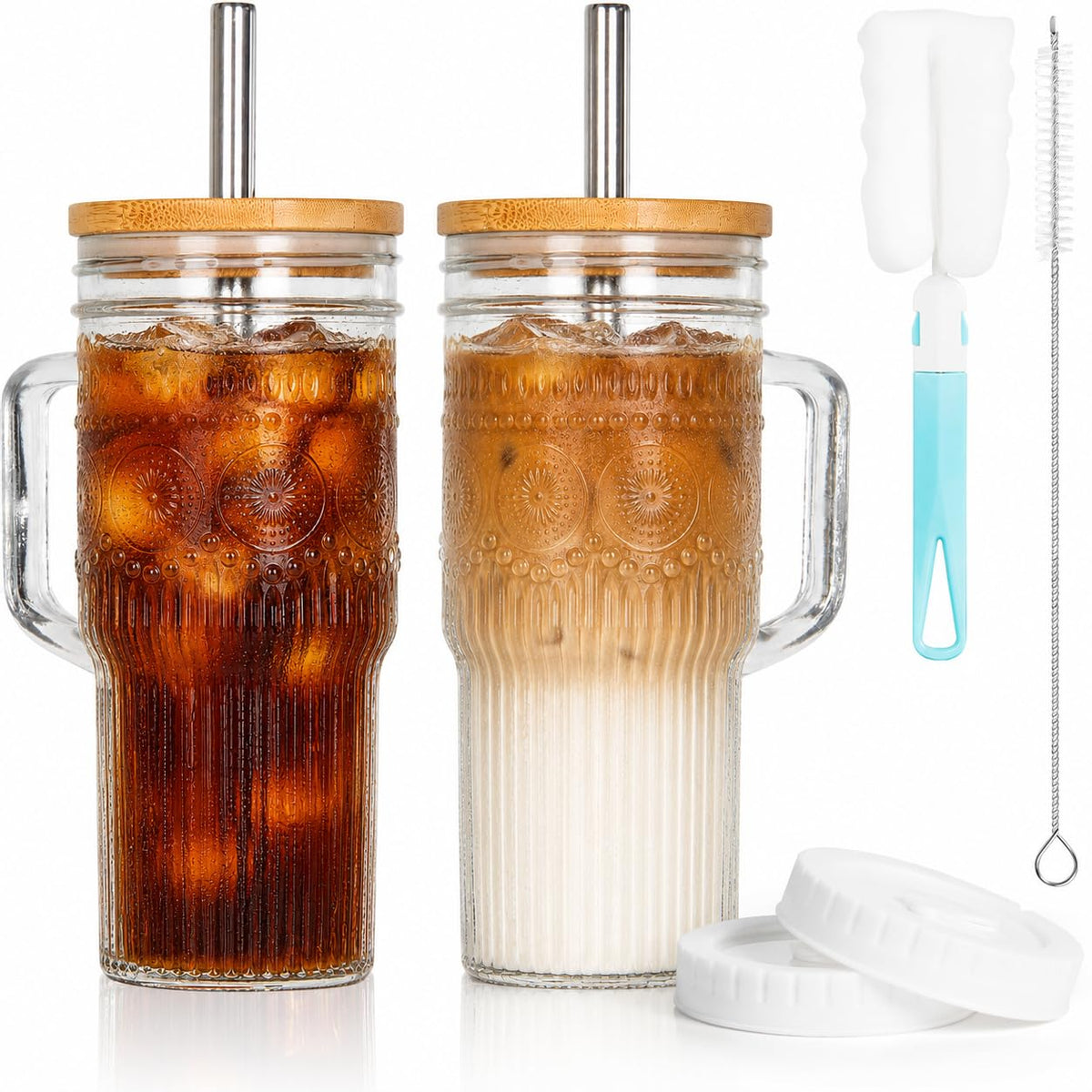 24 oz Glass Tumbler with Bamboo Lid and Handle R8514