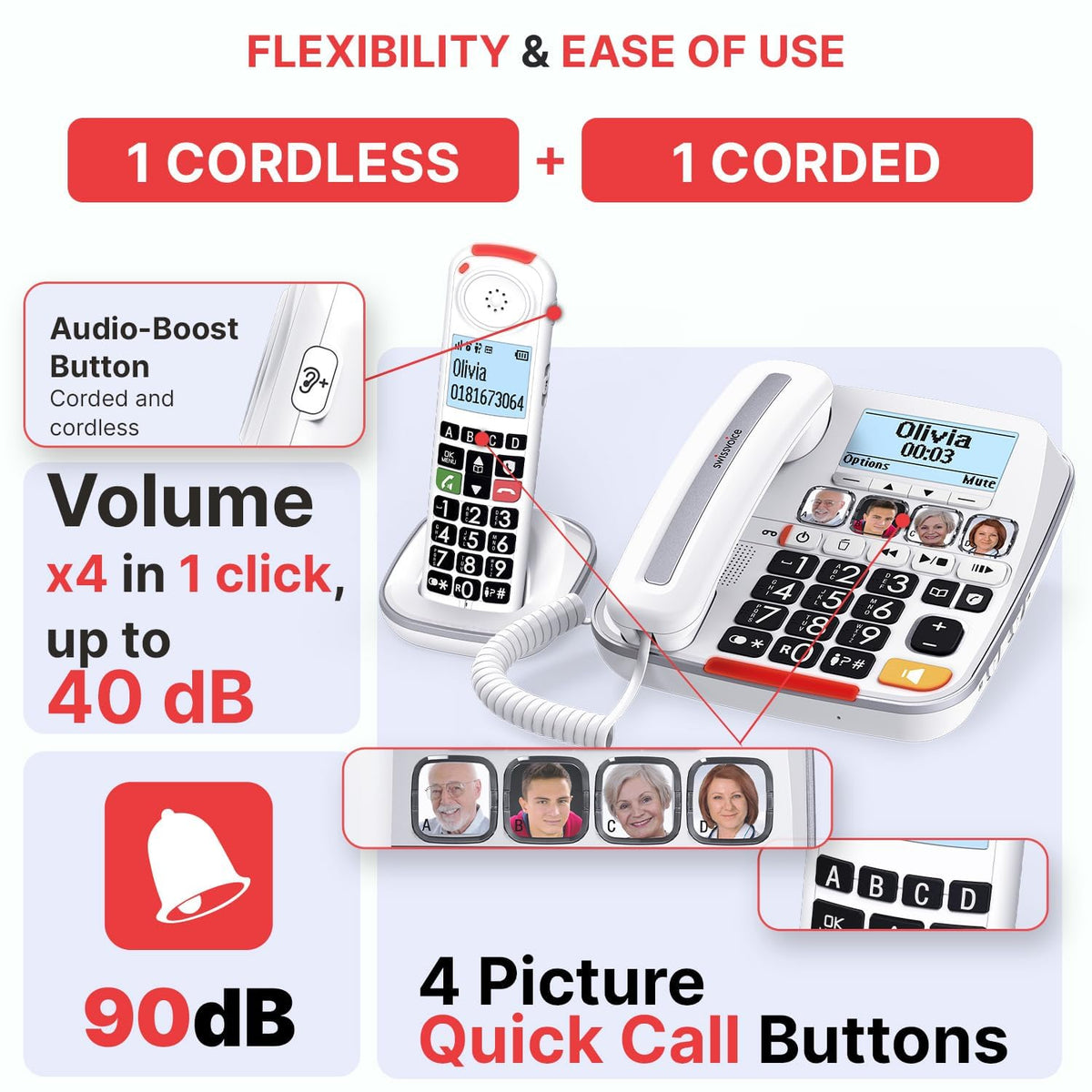 Big Button Phone with Answering Machine and Cordless Handset I77576