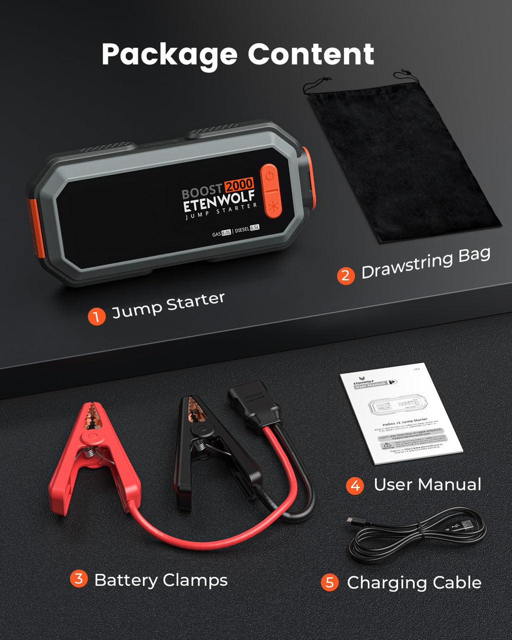 2000A Peak 12V Portable Car Battery Jump Starter Y873
