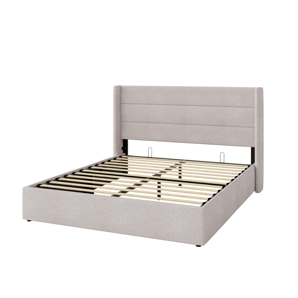Queen Size Lift Up Hydraulic Storage Bed Frame Light Beige D14366