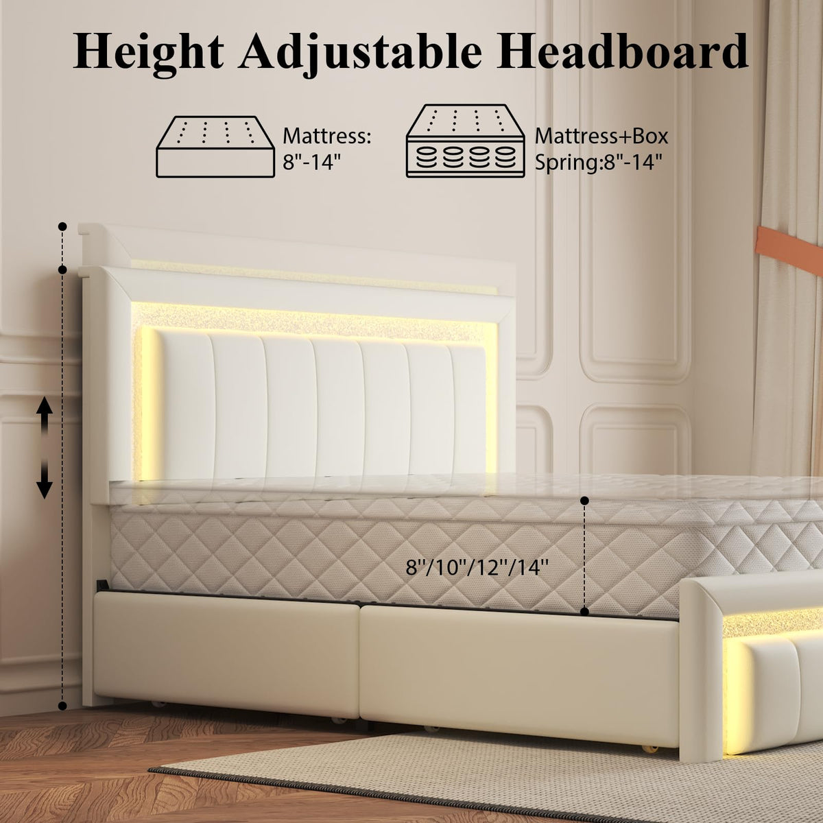 White Upholstered Full Bed Frame with Storage Drawers J9013