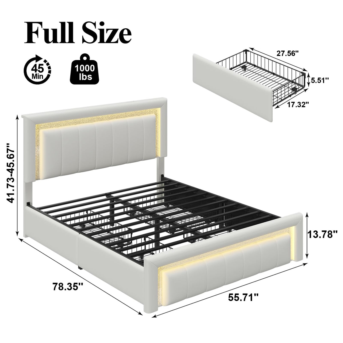 White Upholstered Full Bed Frame with Storage Drawers J9013