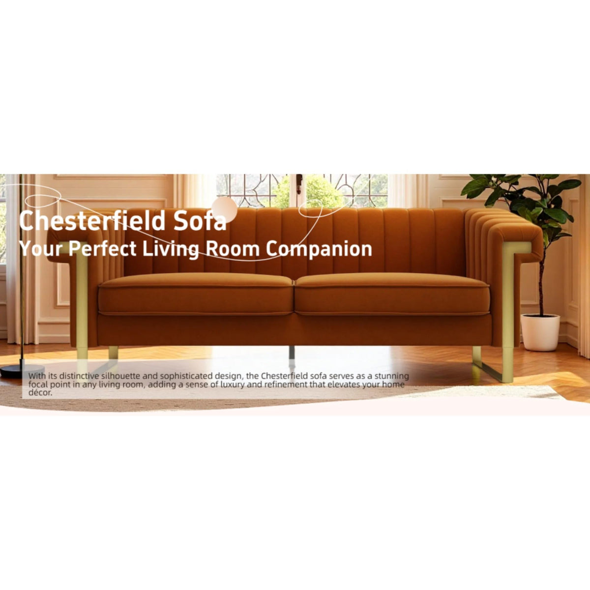 Orange Velvet Channel Tufted Sofa with Gold Metal Legs I129