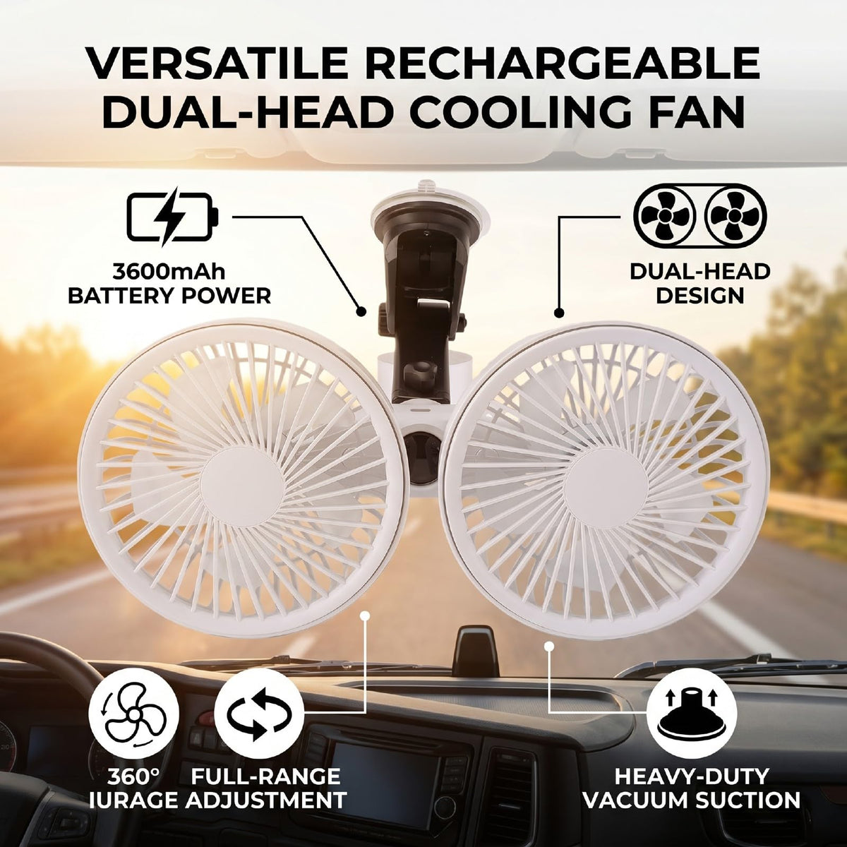Dual Head Car Fan 3 Speeds 360 Degree Adjustable Suction Cup Rechargeable White Y948088