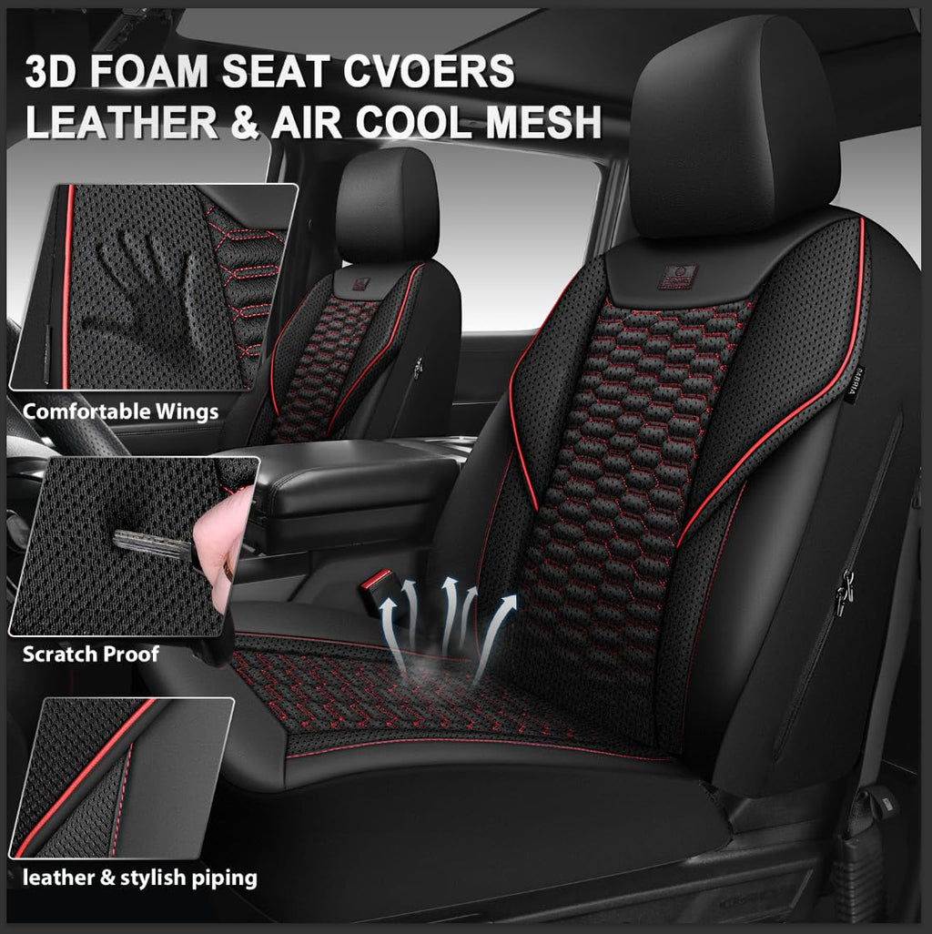 3D Foam Mesh Faux Leather Car Seat Covers Full Set, Black and Red N679