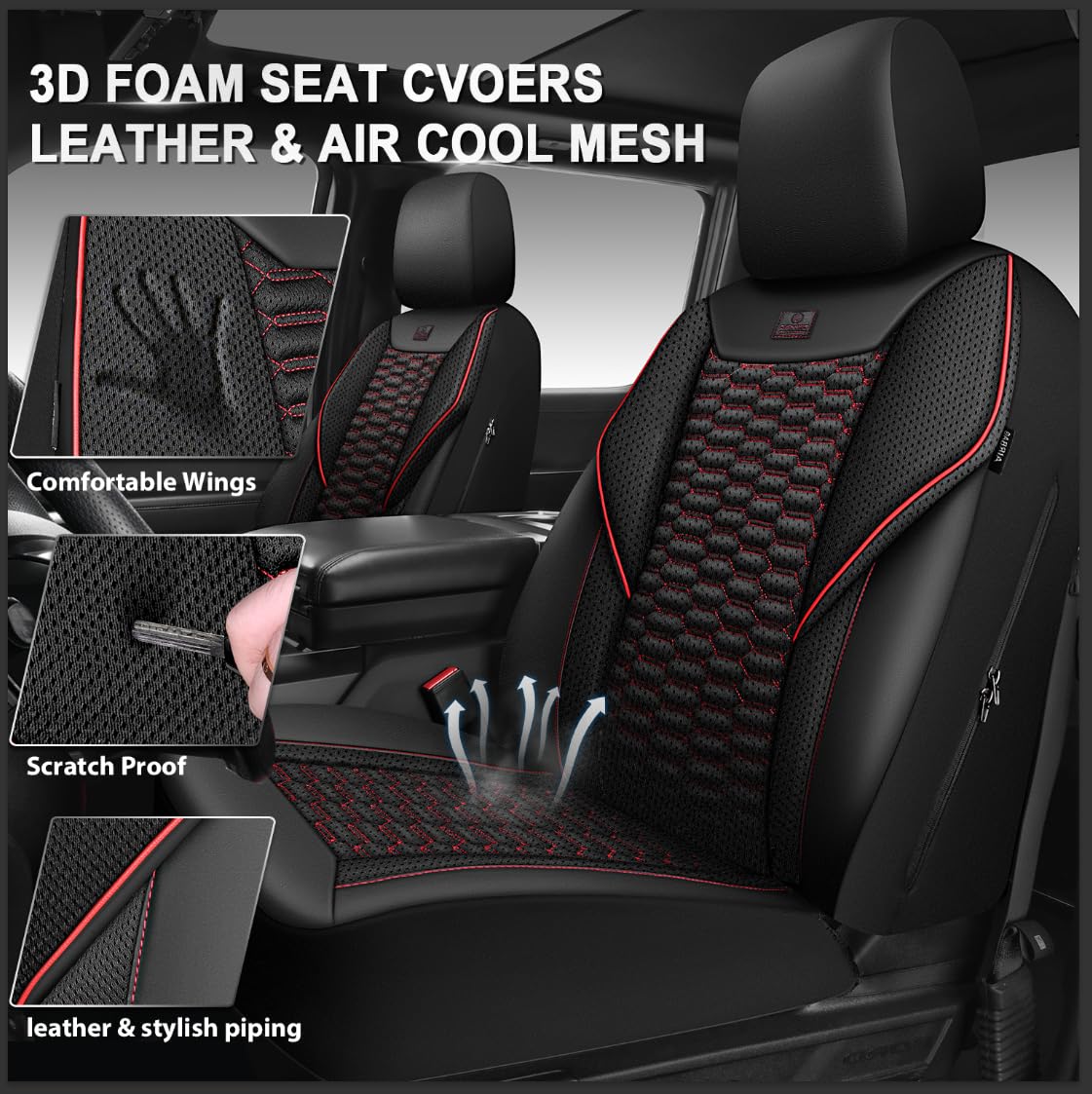3D Foam Mesh Faux Leather Car Seat Covers Full Set, Black and Red N679