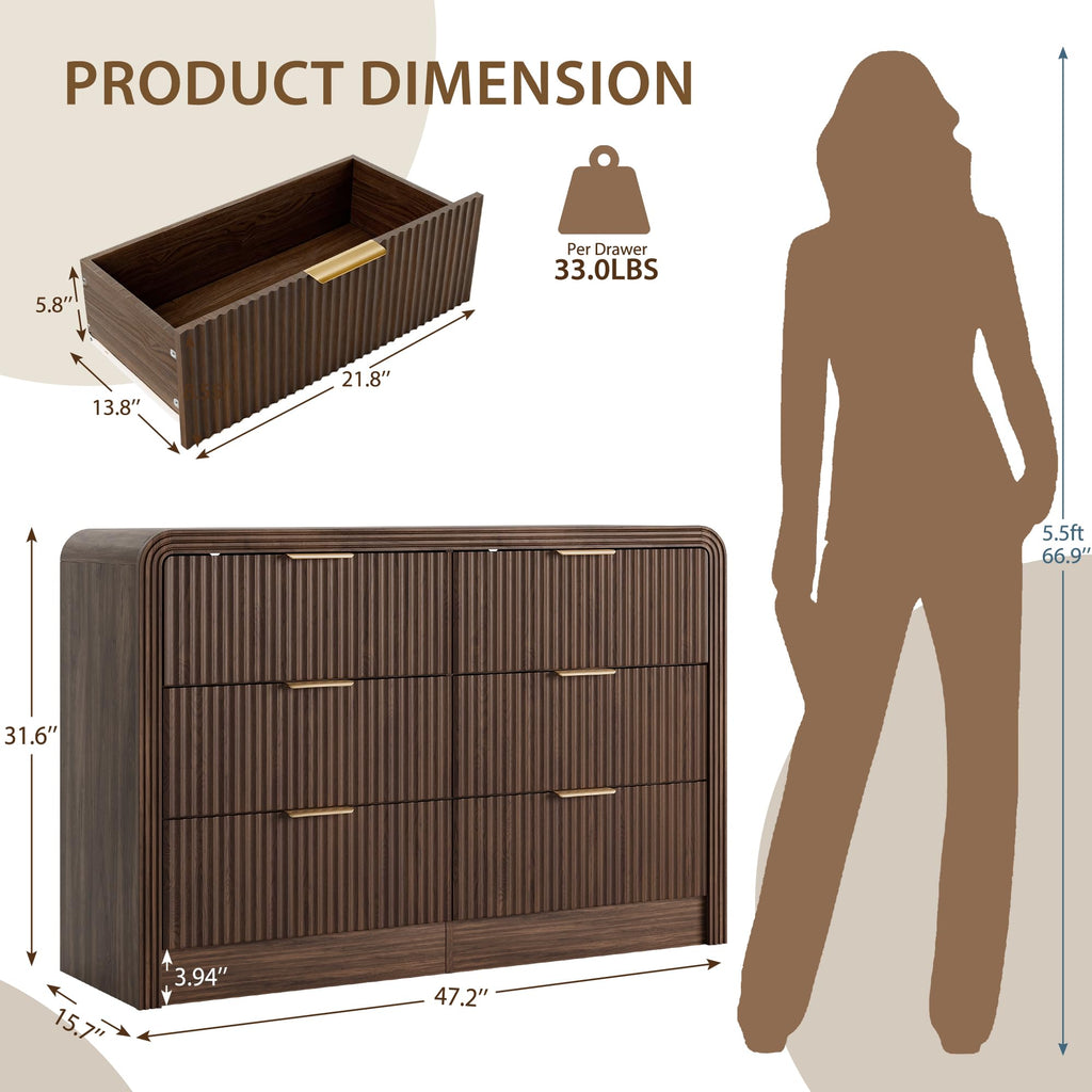 47" Walnut Fluted 6-Drawer Dresser G721